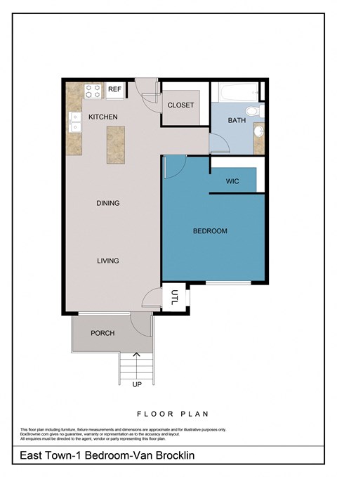 Floor plan for 1 bed, 1 bath, 735 sqft